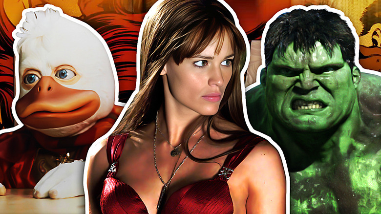 Howard the Duck, Elektra, and Hulk posing