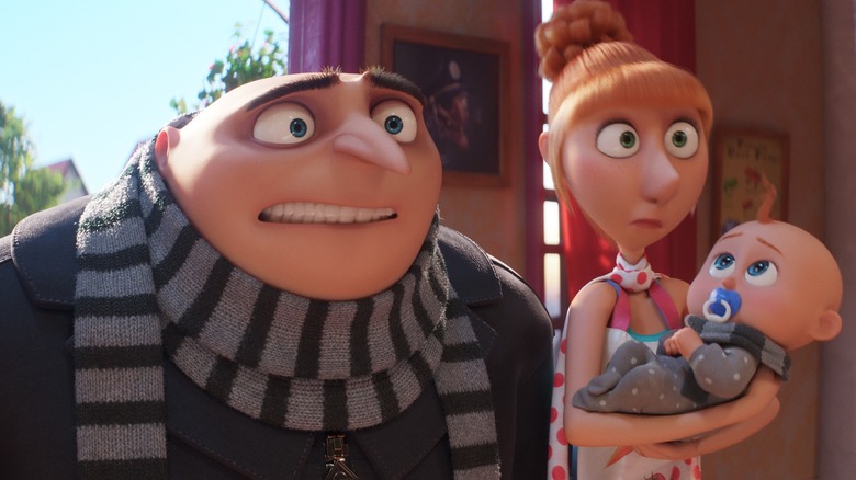 Gru, Lucy, and Gru Jr. looking worried