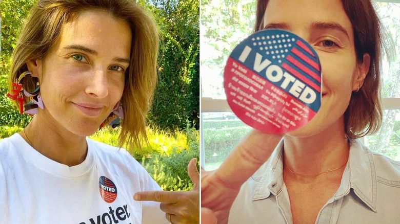 Cobie Smulders showing off her voting stickers