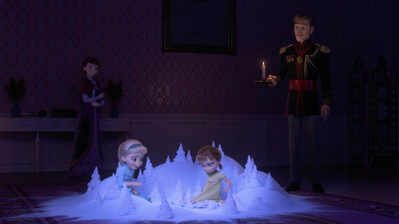 Young Elsa and Anna with parents