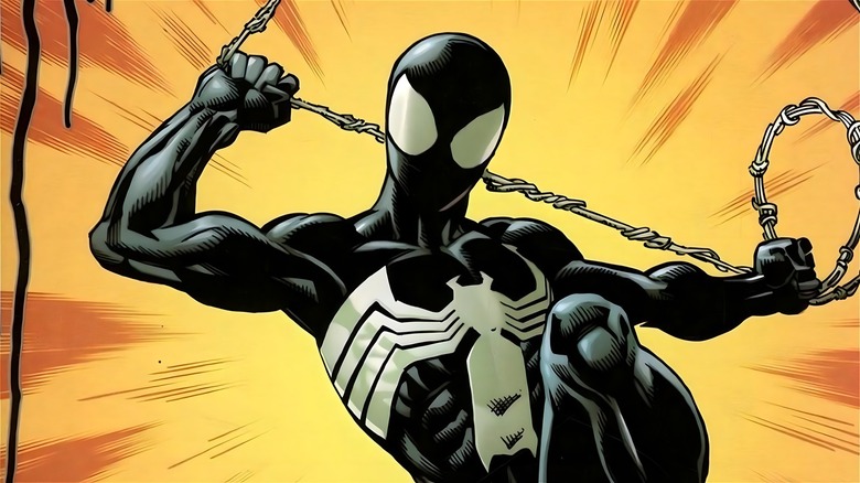 Symbiote Spider-Man swinging on a web