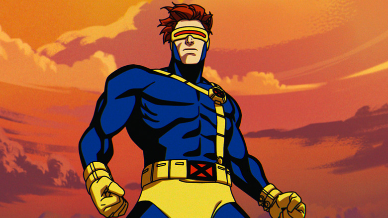 Cyclops standing heroically orange background